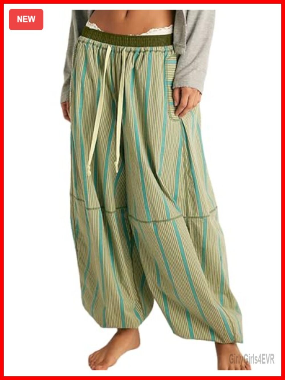 Women Striped Barrel Pants Baggy Drawstring Lantern Wide Leg Harem Trousers